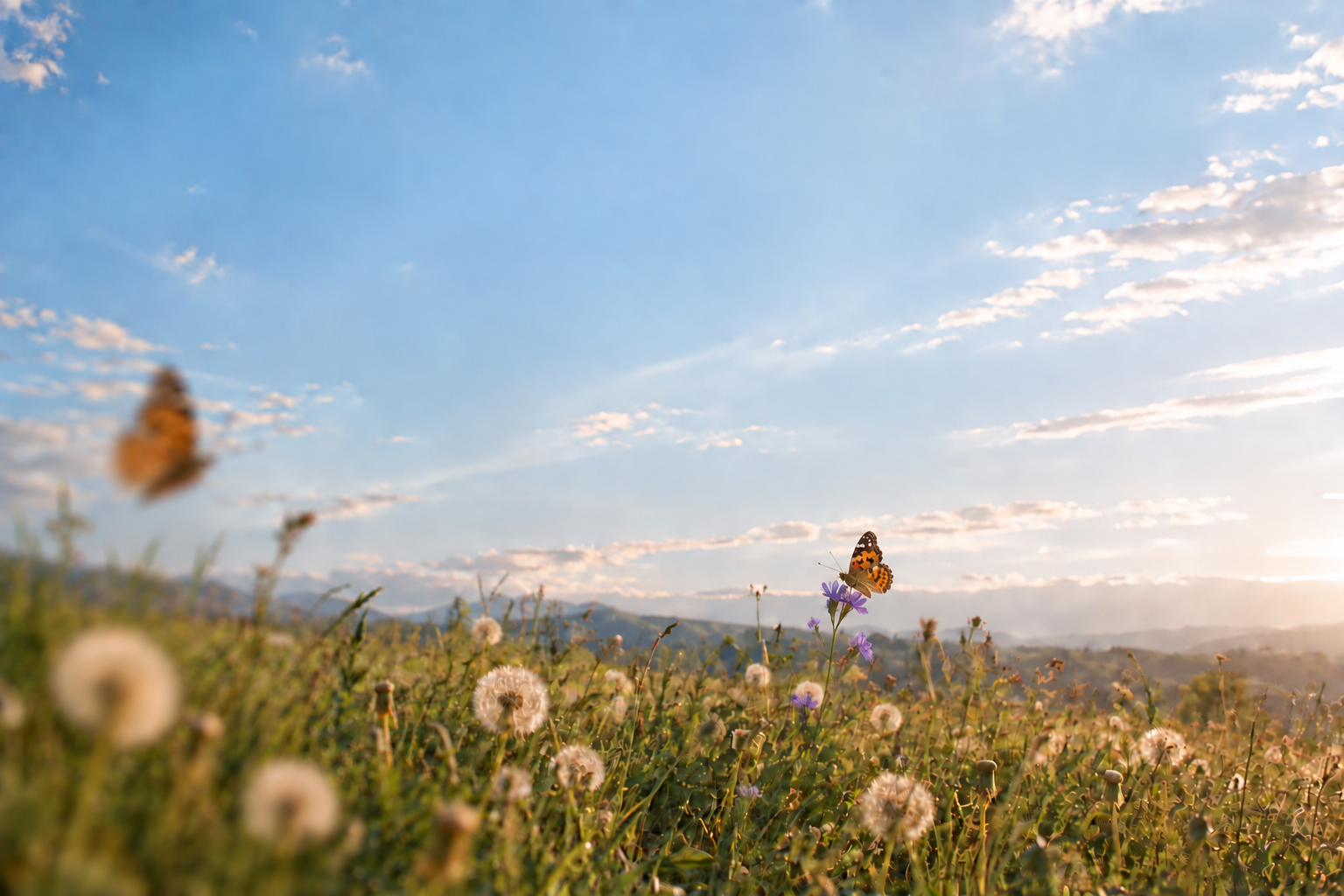 Dandelions and orange butterflies in a sunlit meadow under an open blue sky